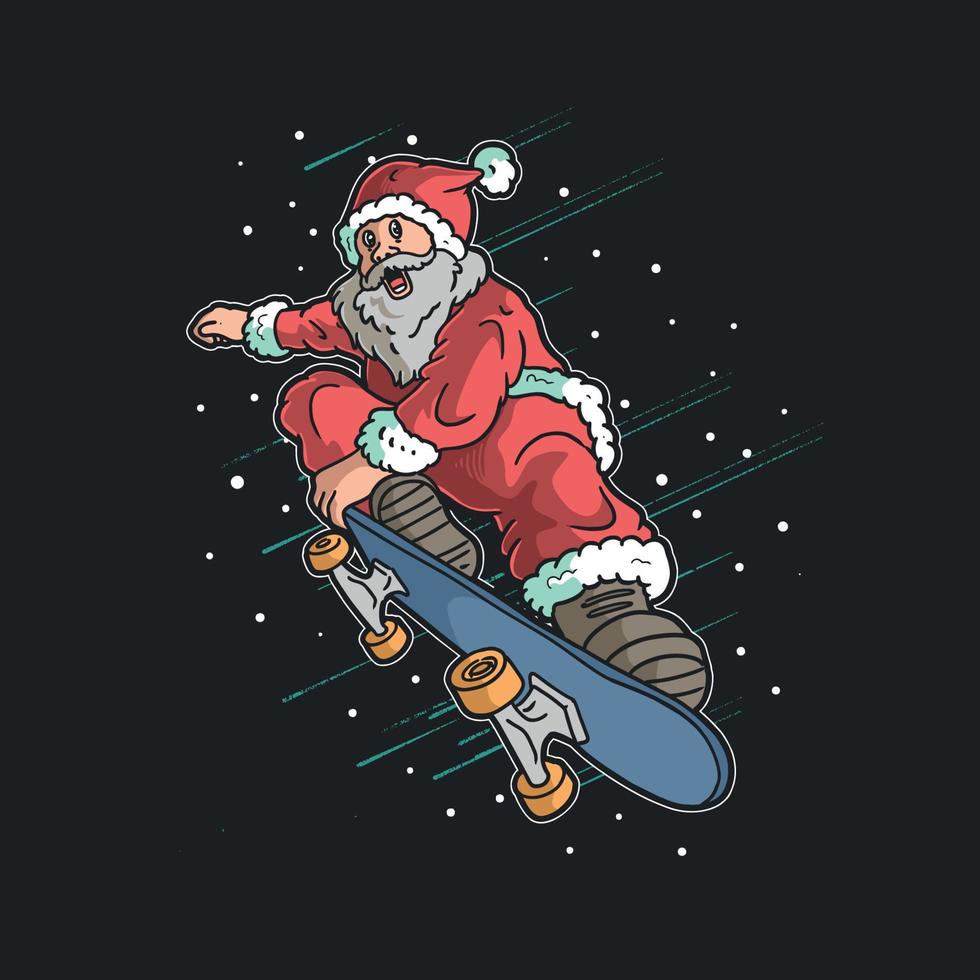 Père Noël jouant à la planche à roulettes dans la nuit d'hiver vecteur