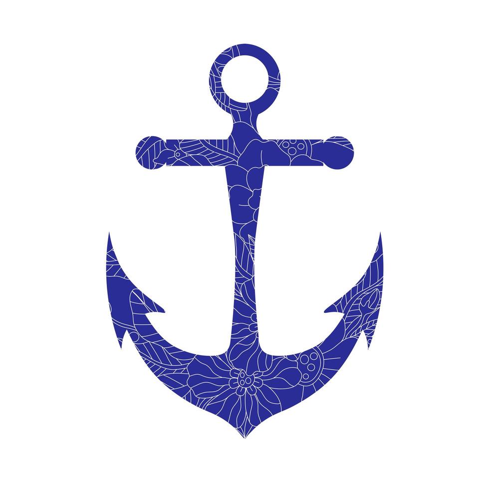 mandala d'ancre bleu avec des fleurs de contour doodle, isolé sur fond blanc, concept marin. illustration vectorielle dessinés à la main dans un style vintage. vecteur