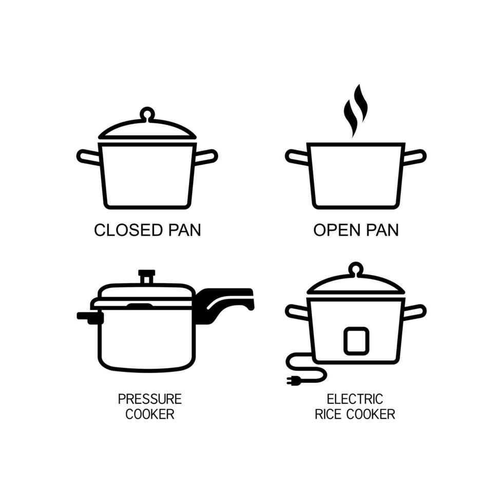 différents types d'instructions de cuisson du riz. casserole fermée, casserole ouverte, autocuiseur et cuiseur à riz électrique vecteur