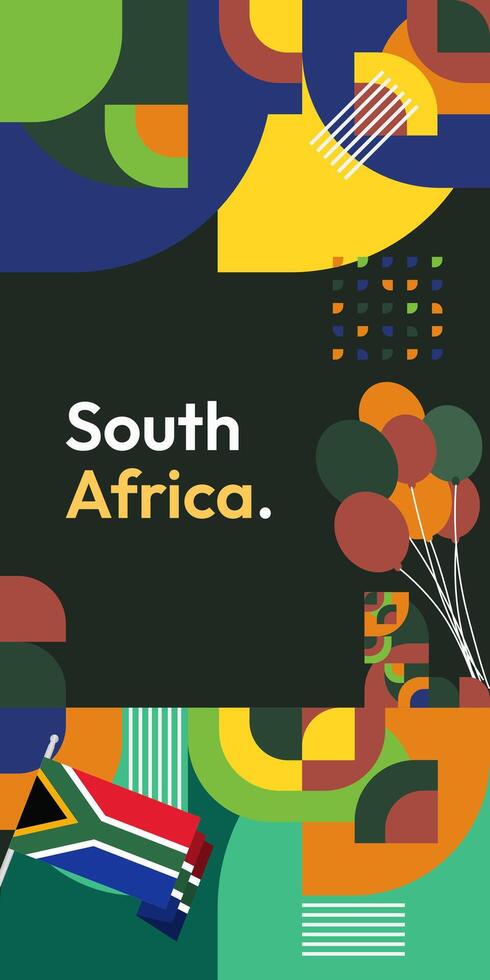 Sud Afrique nationale indépendance journée supporter bannière. moderne géométrique abstrait Contexte dans coloré style pour Sud Afrique journée. Sud africain indépendance salutation carte couverture avec pays drapeau. vecteur