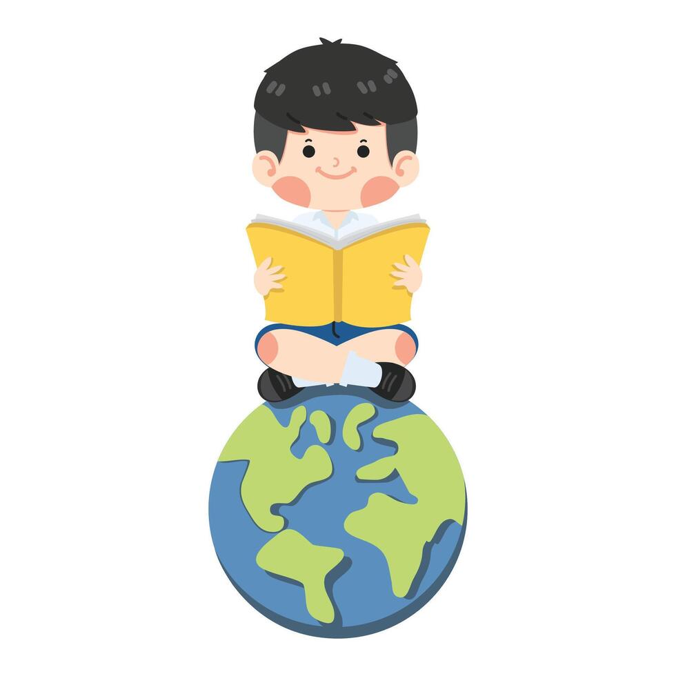 enfant asseoir livre Terre dessin animé vecteur