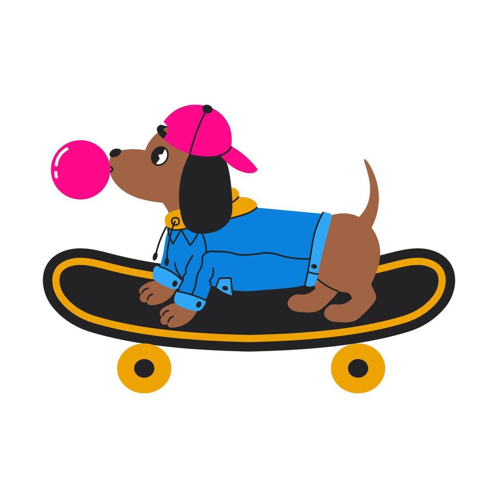 teckel chien monte sur planche à roulette Années 90 illustration vecteur