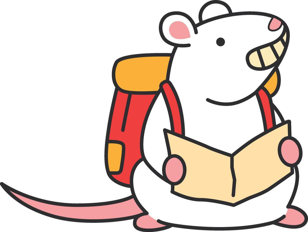 mignonne Souris avec une sac à dos en train de lire une carte vecteur