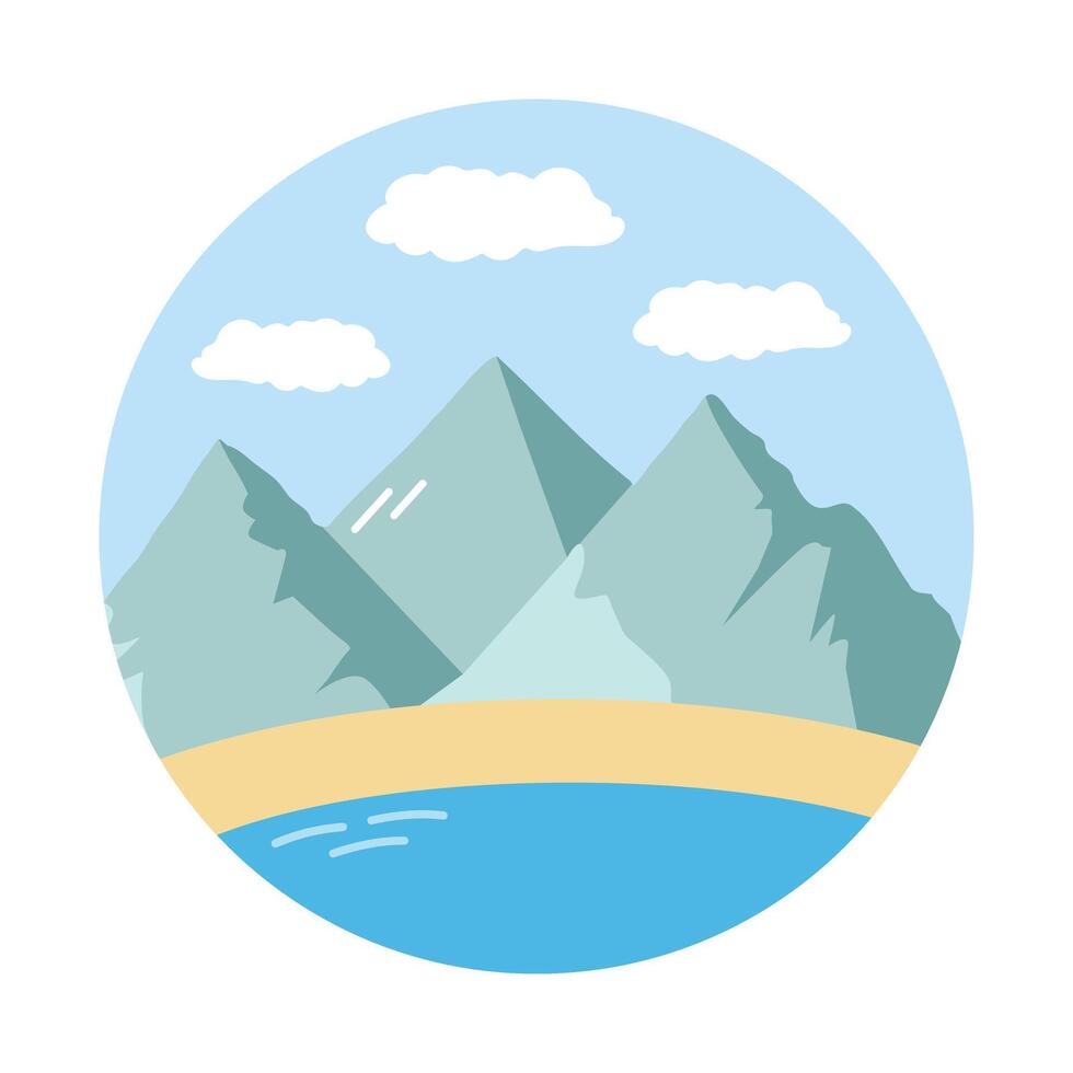 une mignon, dessiné à la main rond Voyage icône. un icône de camping tourisme et aventure. une clipart avec éléments de voyage, montagnes, mer, plage. vecteur