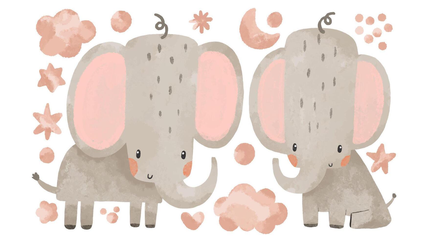 deux peu éléphants supporter et s'asseoir. illustration de étoiles, nuage vecteur