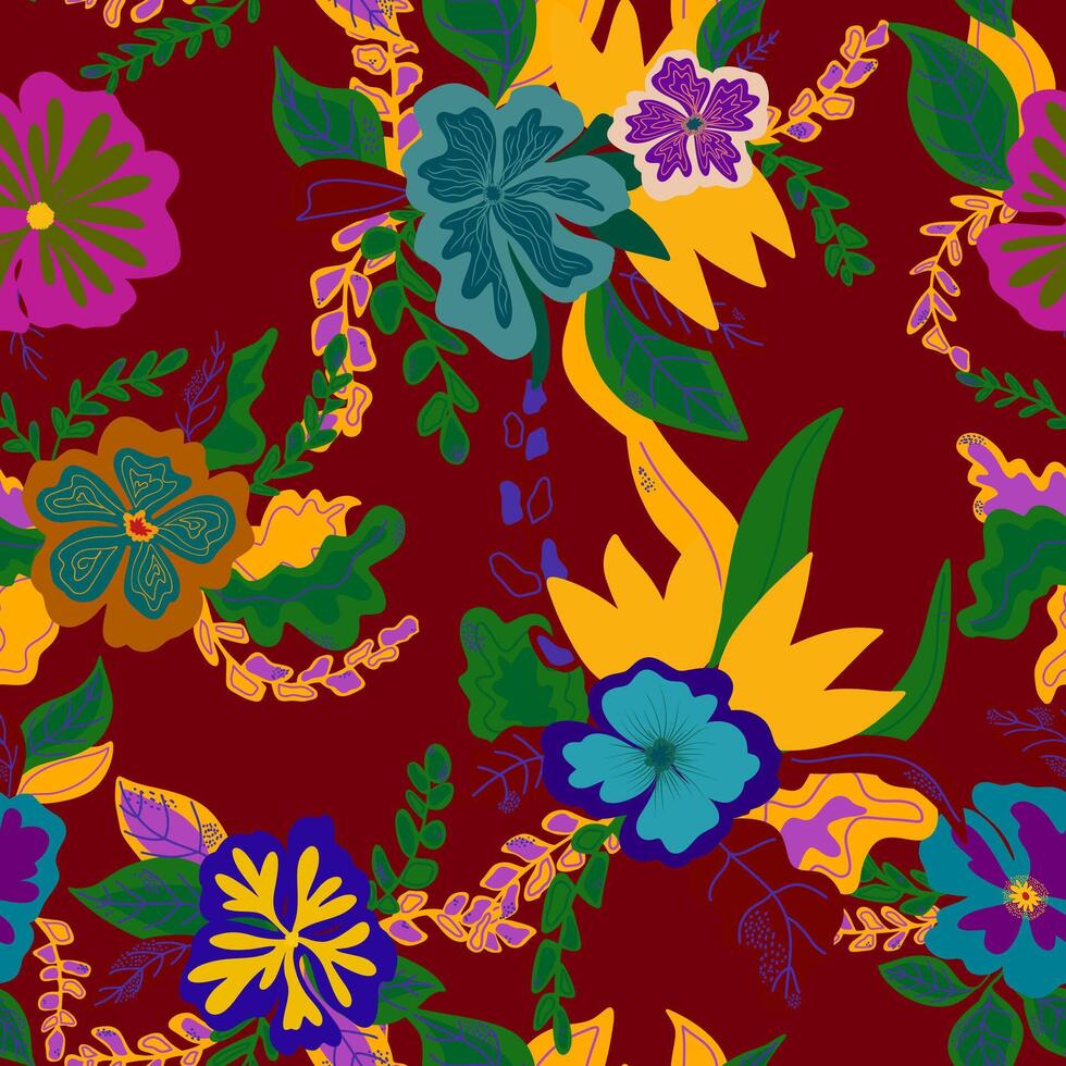une coloré floral modèle sur une bordeaux Contexte vecteur
