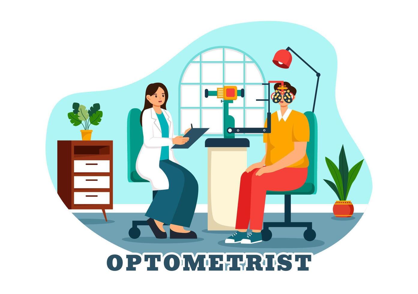 optométriste illustration avec ophtalmologiste chèques patient vue, optique œil tester et lunettes La technologie dans plat dessin animé Contexte vecteur