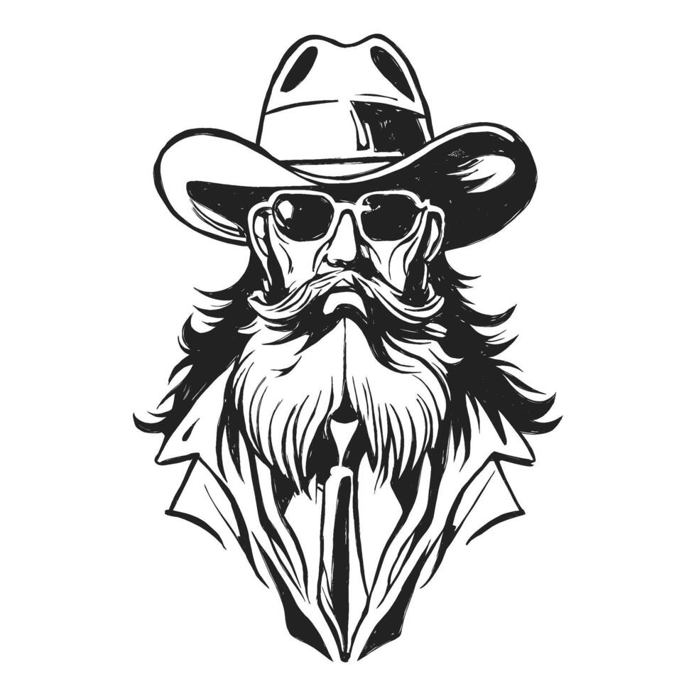 noir et blanc dessin de une barbu homme dans une cow-boy chapeau et des lunettes de soleil vecteur