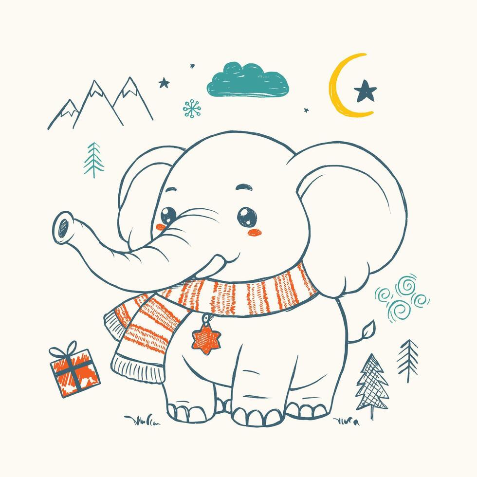 dessiné à la main illustration de une souriant l'éléphant dans une confortable foulard, entouré par de fête hiver Icônes vecteur