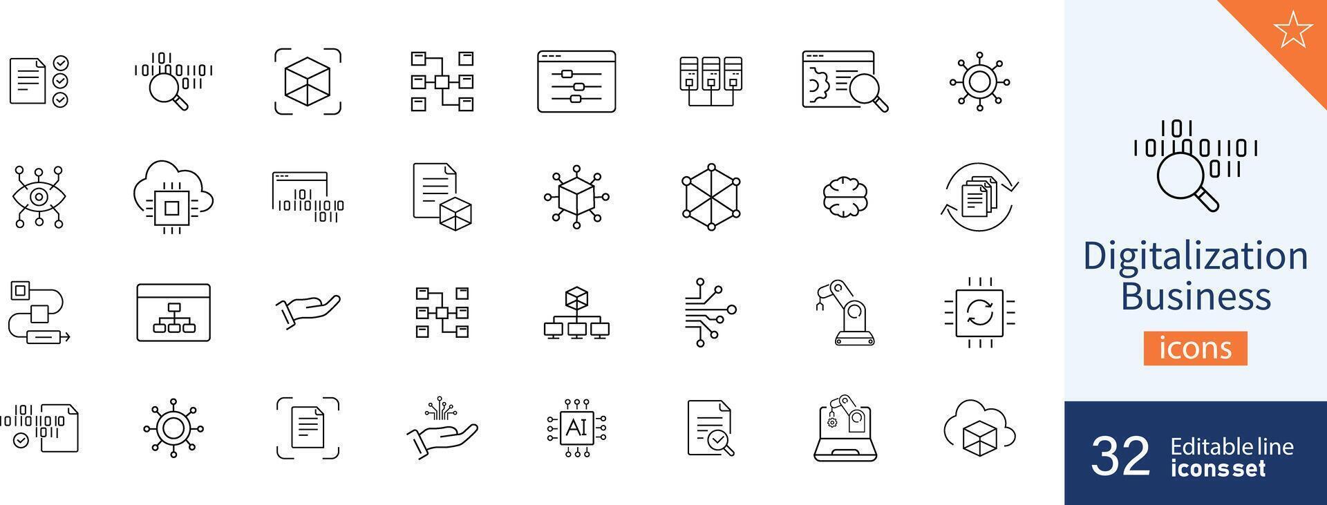 ensemble de 32 numérisation affaires la toile Icônes dans ligne style. système, données, la numérisation, industrie, ordinateur. illustration. vecteur
