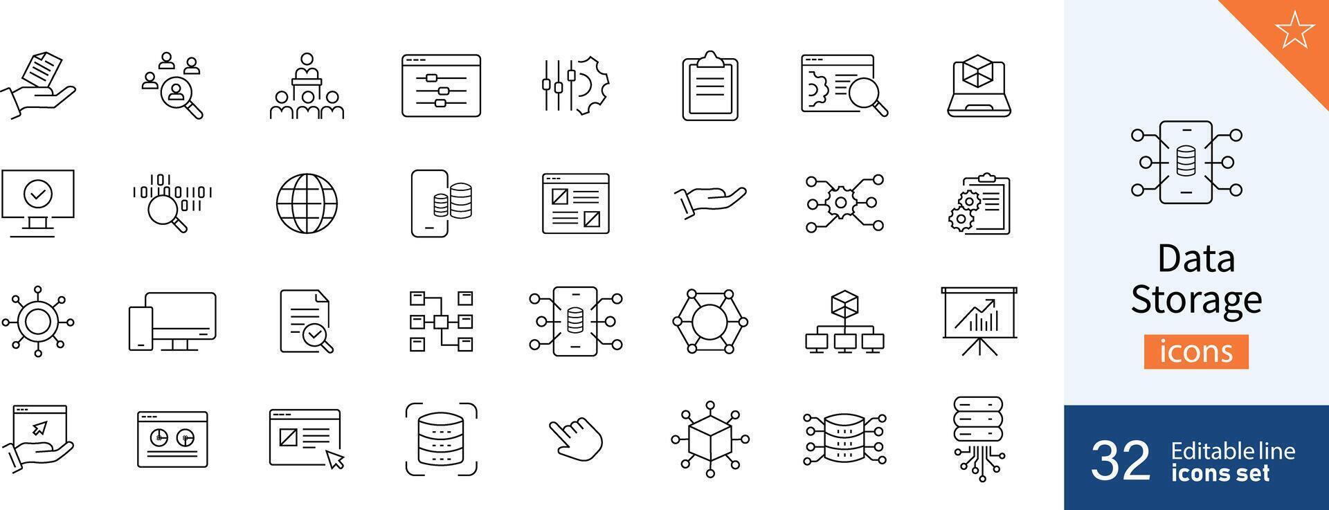ensemble de 32 Les données espace de rangement la toile Icônes dans ligne style. données, appareil, conception, numérique, technologie, maison. illustration. vecteur