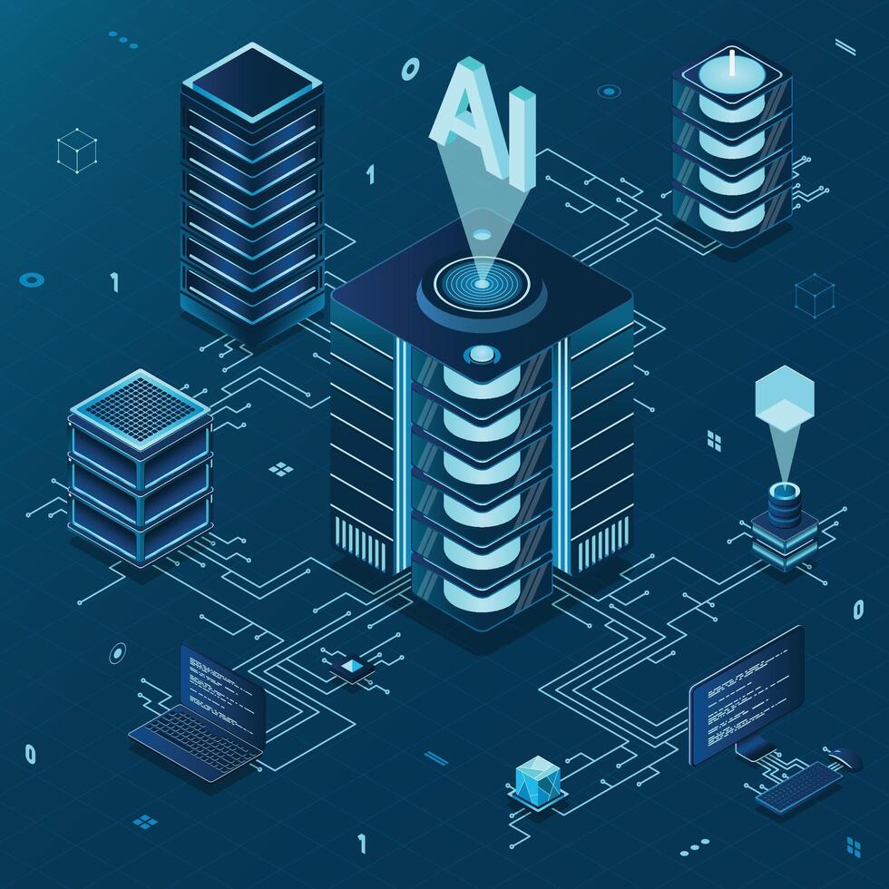 isométrique artificiel intelligence technologie. isométrique nuage l'informatique concept. artificiel intelligence neural réseau futur technologie. serveur des ordinateurs vecteur