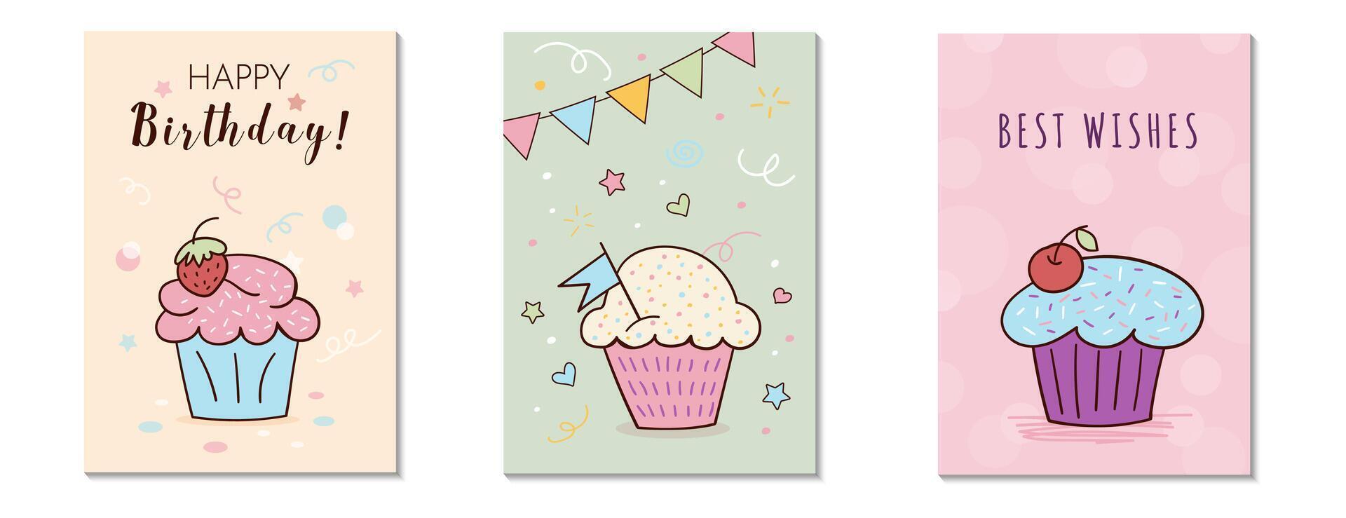 ensemble de salutation cartes avec brillant et délicieux petit gâteau, muffin, et une inscription. le illustration est dessiné à la main dans une griffonnage style vecteur