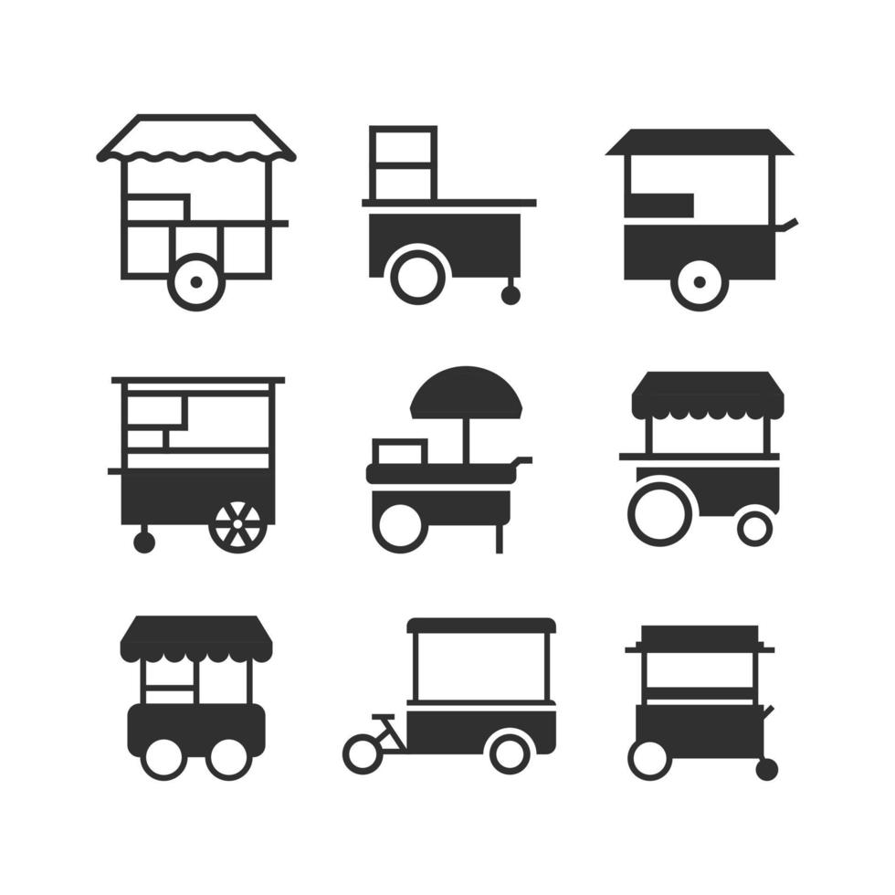 jeu d'icônes de panier de nourriture. marché de détail ou de roue de rue noire, collection isolée de chariot de kiosque vecteur