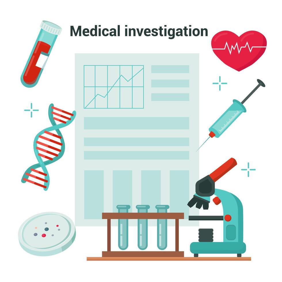 médical enquête. une forme avec le résultats de laboratoire essais. laboratoire équipement, adn, tester tube, pétri plat, microscope. vecteur