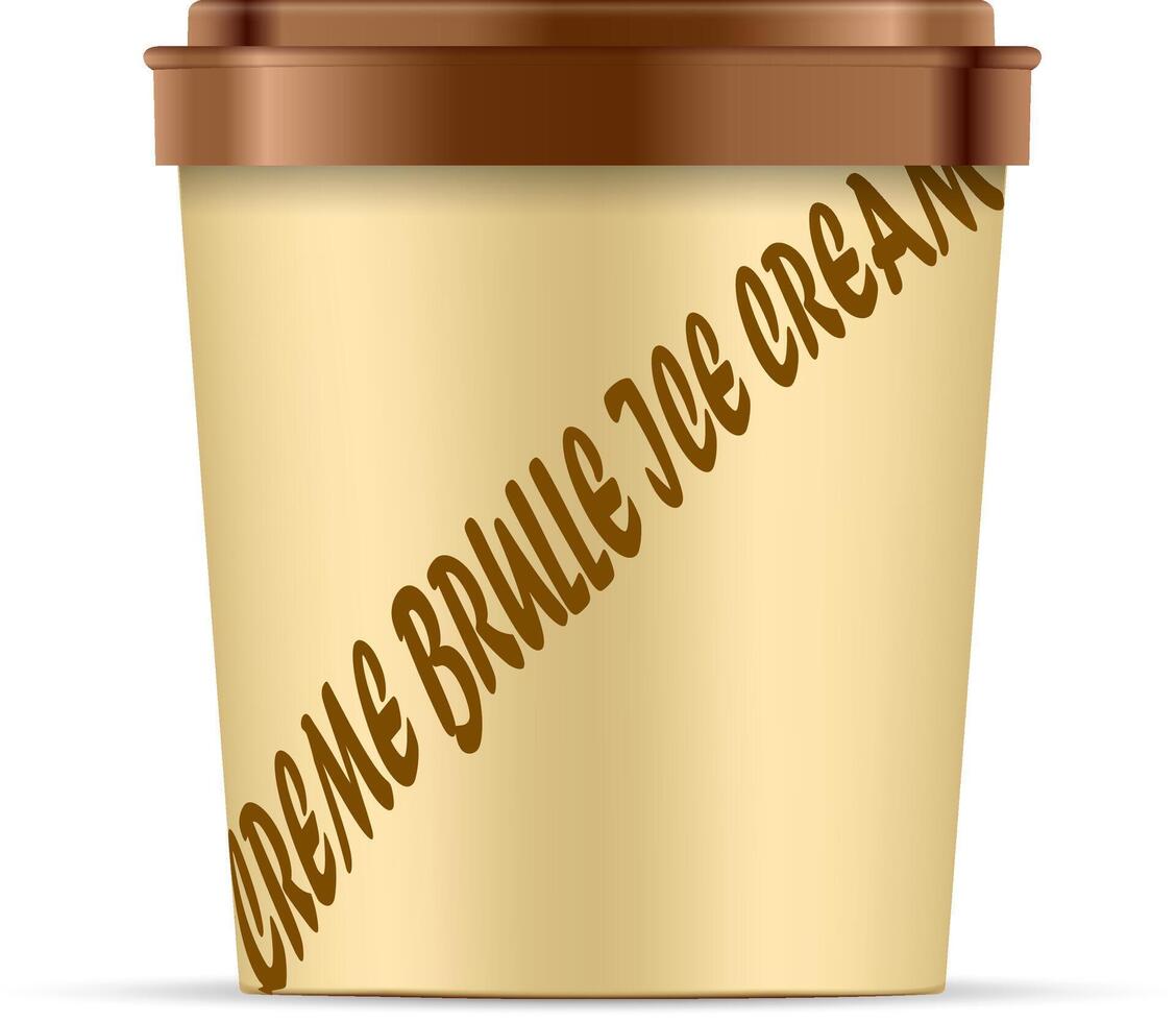 ouvert lumière marron papier ou Plastique crème brûlée tasse avec noir couvercle pour dessert, yaourt, la glace crème, acide crème ou collation. baignoire nourriture récipient illustration isolé sur blanc Contexte. moquer en haut modèle. vecteur