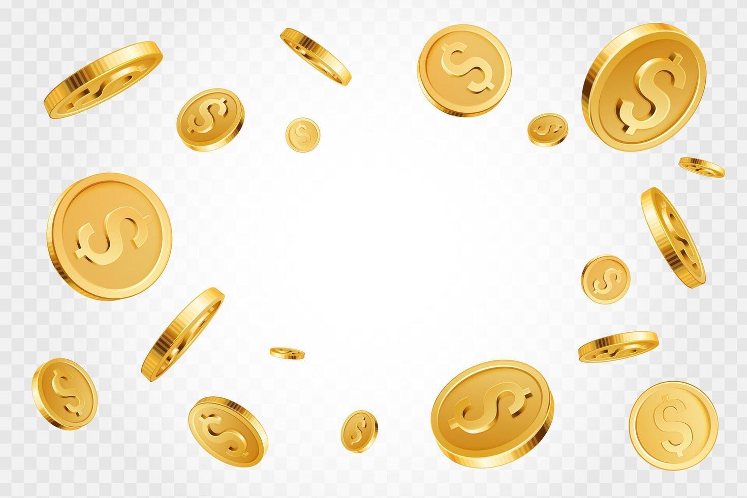 d'or pièces de monnaie explosion. 3d réaliste Jaune brillant or pièce de monnaie éclaboussure, argent pluie. bingo, gagner argent et cagnotte casino jeu, financier concept vecteur