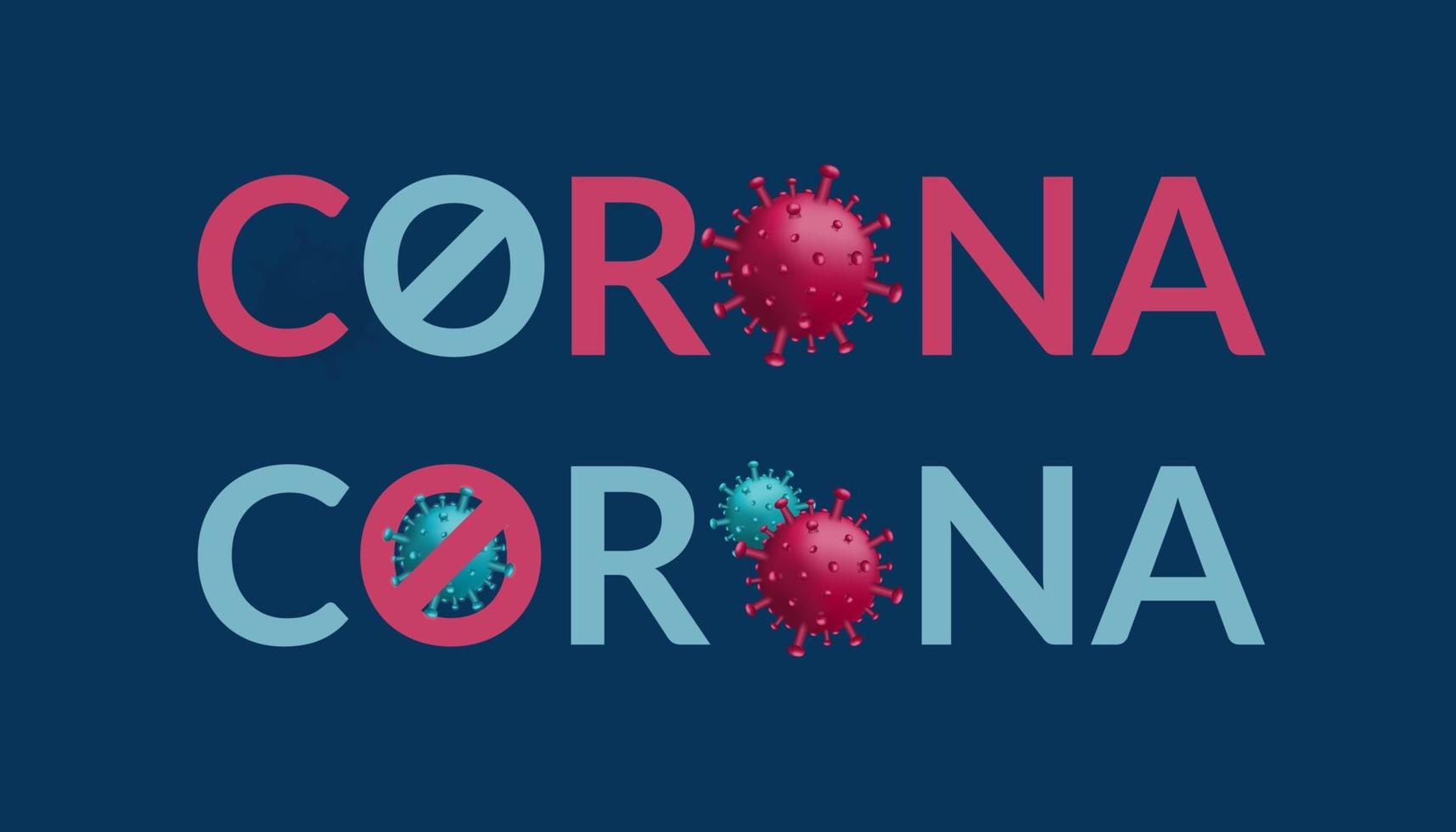 typographie corona et symbole de virus, logos sur fond bleu. maladie liée au Corona virus. vecteur