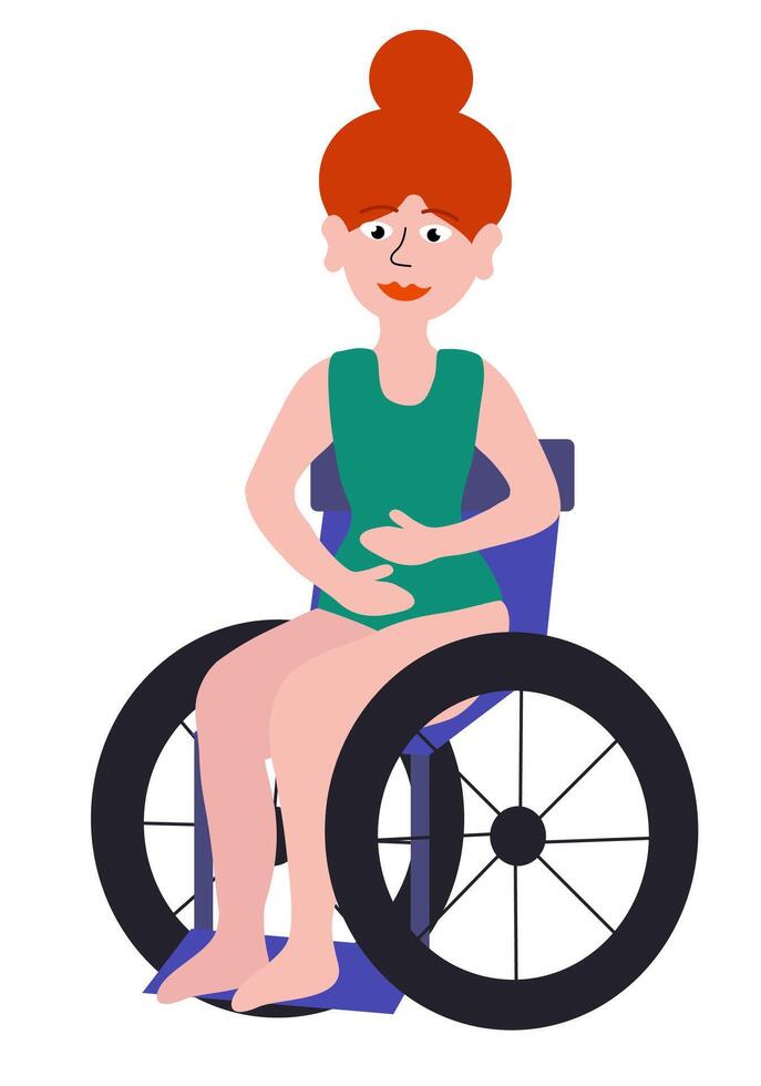 corps positif concept. femme avec invalidité sur fauteuil roulant. content roux fille dans vert maillot de bain. dessin animé plat illustration. vecteur