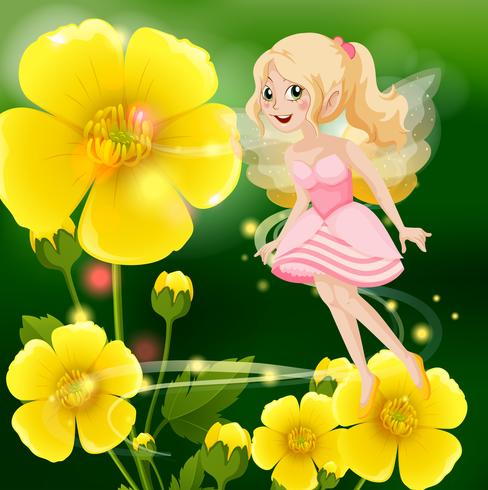 Jolie fée en robe rose volant dans un jardin de fleurs vecteur