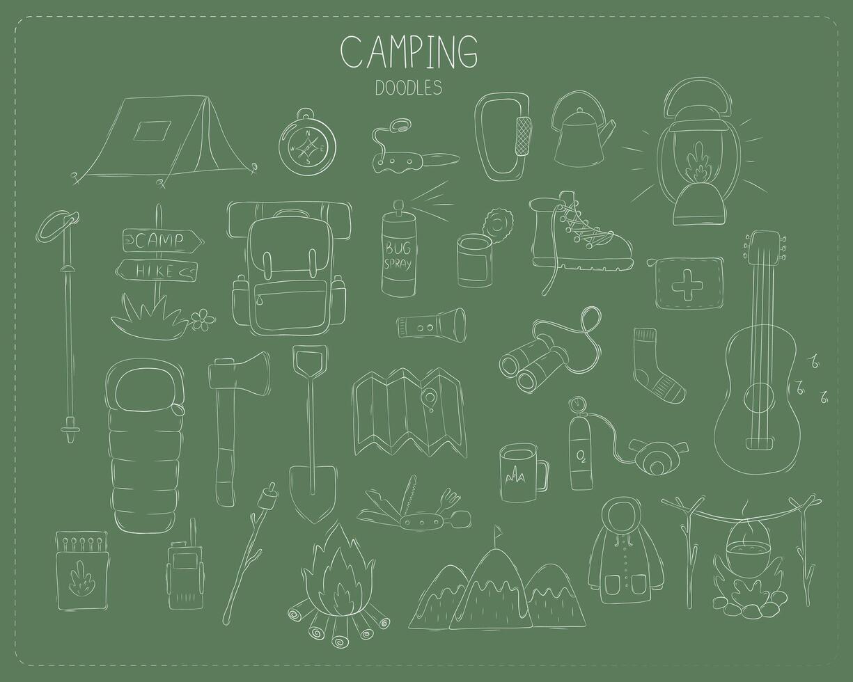camping et randonnée éléments dans griffonnage style sur vert éco Contexte. illustration. vecteur
