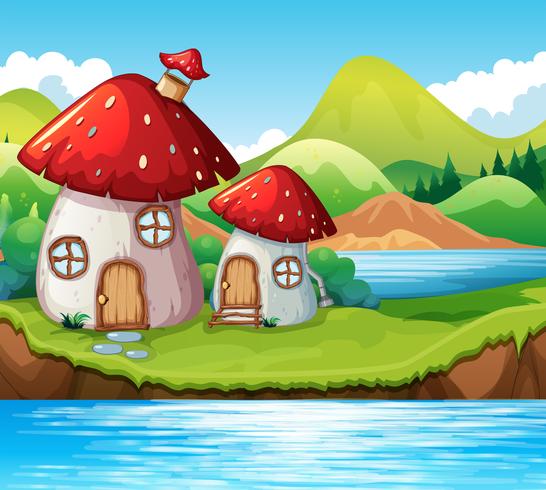 Champignon à la maison au bord d&#39;un lac vecteur