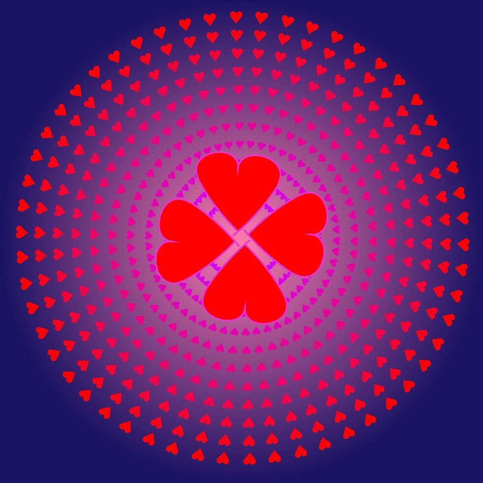 rond abstrait modèle dans le forme de rouge cœurs arrangé dans une cercle sur une bleu Contexte vecteur