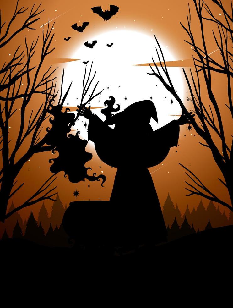 fond de nuit d'halloween avec la silhouette de la sorcière vecteur