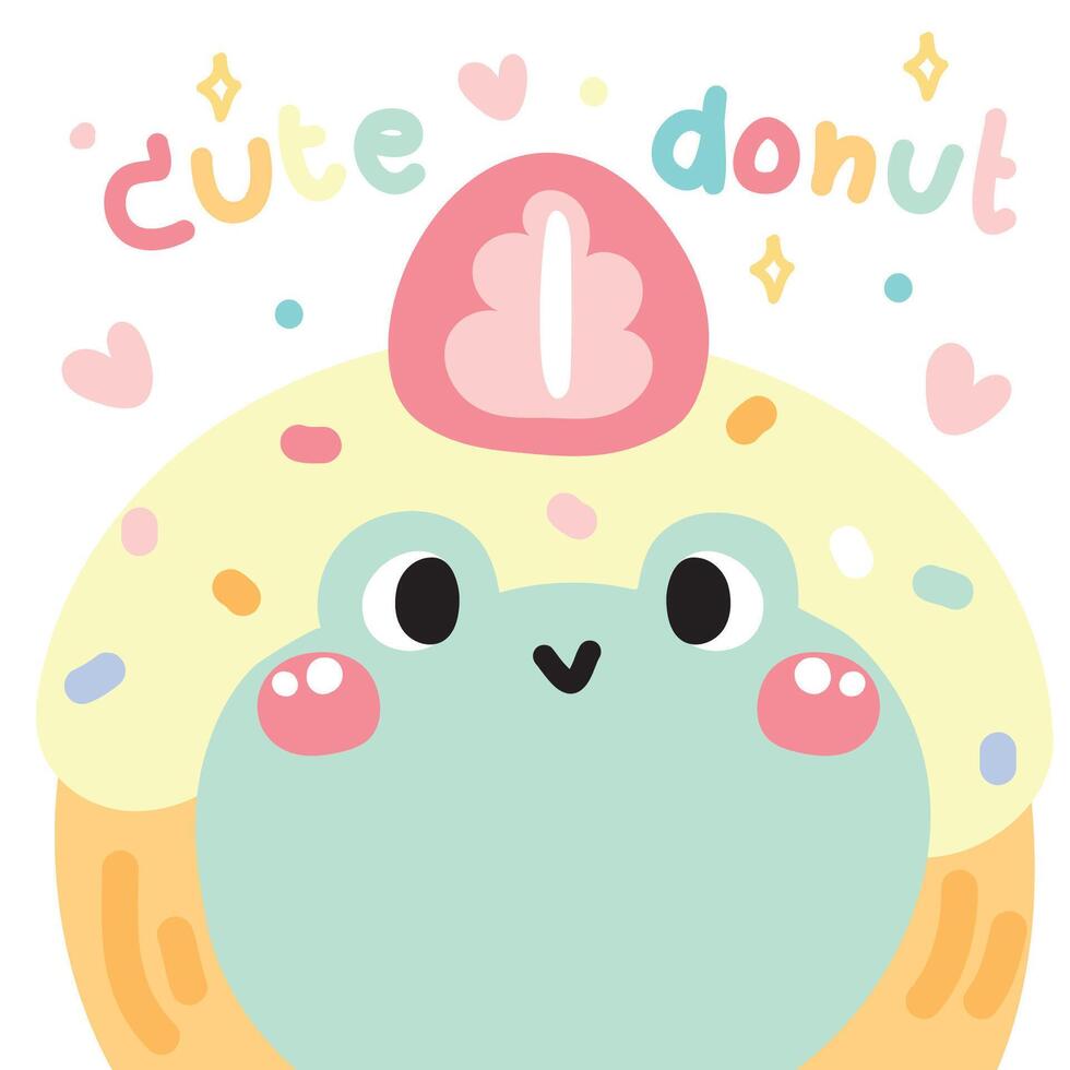 mignonne Donut sourire grenouille tête avec fraise sur blanc arrière-plan.reptile animal personnage dessin animé design.doux.dessert.kawaii.illustration. vecteur