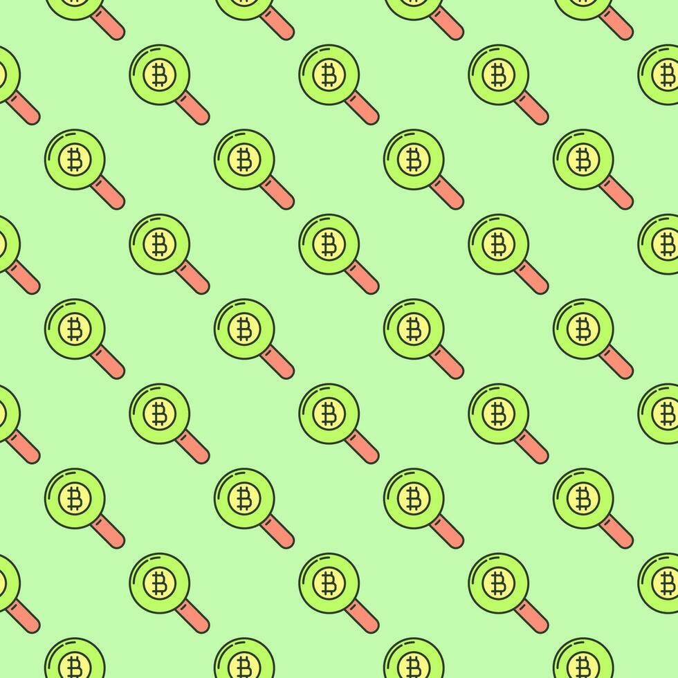grossissant verre avec bitcoin signe crypto-monnaie chercher coloré sans couture modèle vecteur