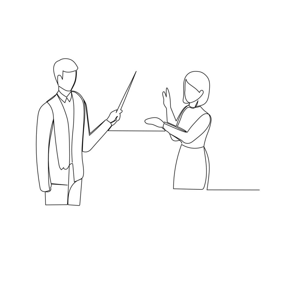 homme d'affaire en présentant à une femme d'affaires en utilisant une bâton aiguille. efficace la communication dans affaires concept. Facile continu ligne dessin illustration vecteur