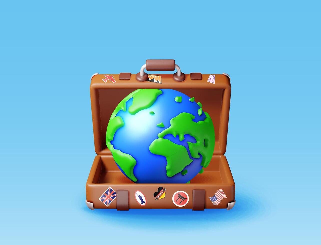 3d ancien valise avec bleu globe à l'intérieur isolé. rendre cuir classique Voyage sac avec autocollants et planète Terre. Voyage élément. vacances ou vacances. transport concept. vecteur