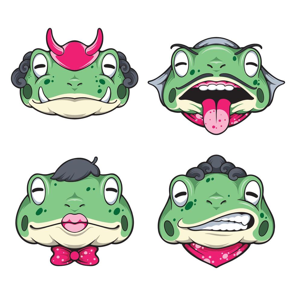 quatre dessin animé grenouille têtes avec différent expressions vecteur