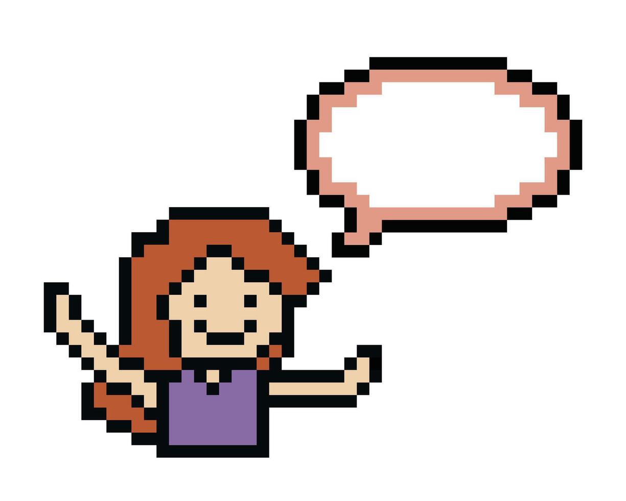 mignonne pixel dessin animé 8 bits personnage femme avec bavarder Vide décoration 8 bit femelle fille dire parler discuter idée bavarder boîte dessin animé pixel jeu. vecteur