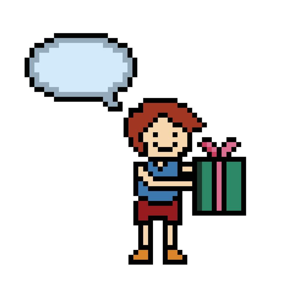 mignonne pixel dessin animé 8 bits personnage homme tenir cadeau boîte avec bavarder Vide décoration 8 bit Masculin garçon donner cadeau boîte achats anniversaire Noël journée jeu. vecteur