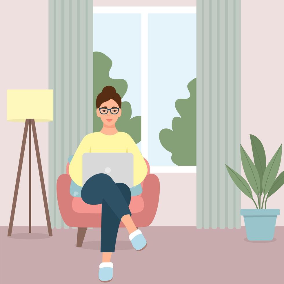 femme est séance dans une chaise avec une portable. éloigné travail de Accueil concept, free-lance, distance éducation, cours, enseignement, en ligne shopping.appartement illustration. vecteur