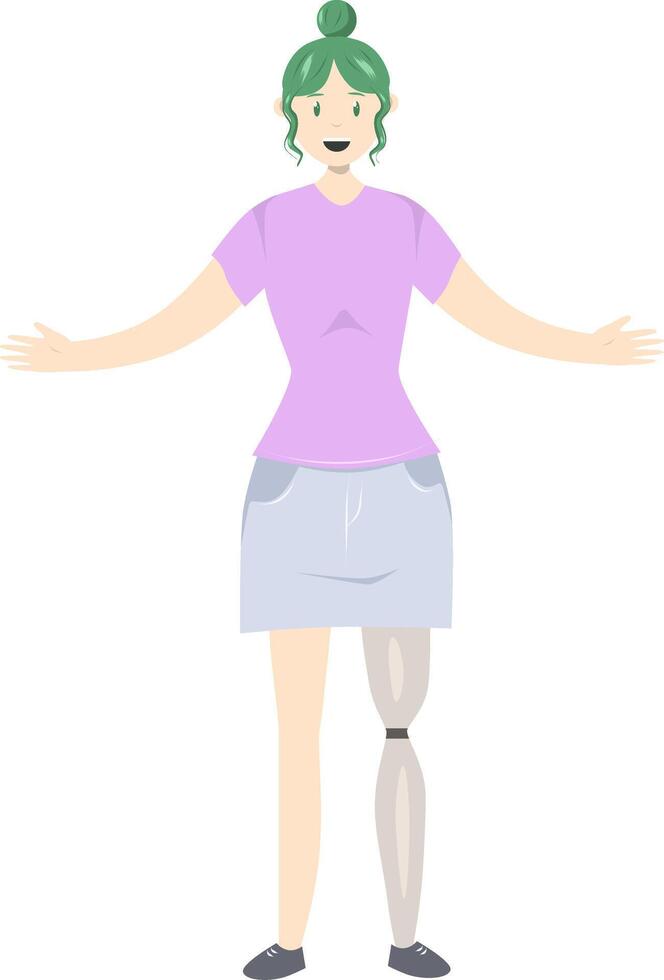 illustration de une fille avec une prothétique jambe dans plat style sur blanc Contexte. plat illustration sur le thème de corps positivité vecteur