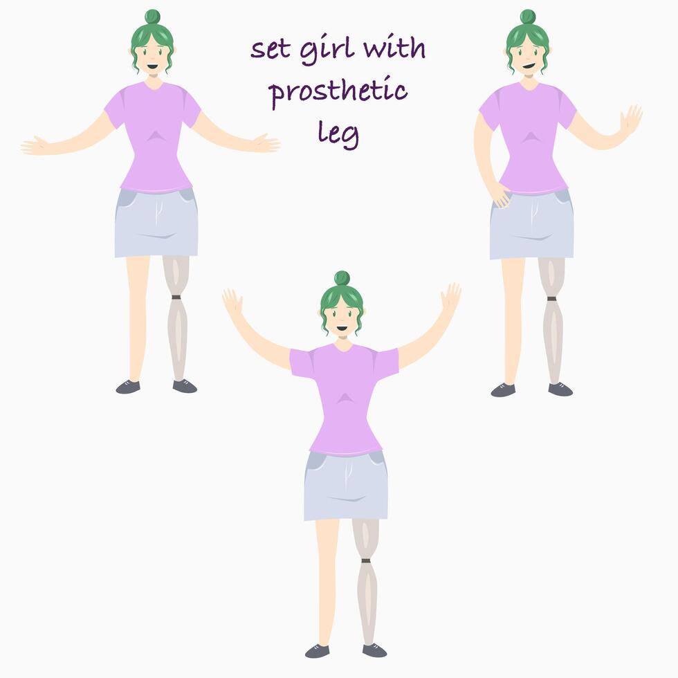 ensemble illustration de une fille avec une prothétique jambe dans plat style. plat illustration sur le thème de corps positivité. vecteur