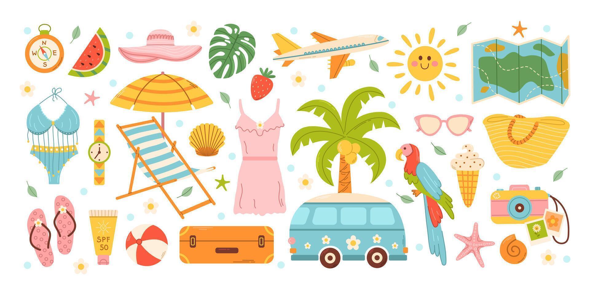 ensemble mignonne été plage éléments. vacances accessoires pour mer vacances. dessin animé illustration vecteur