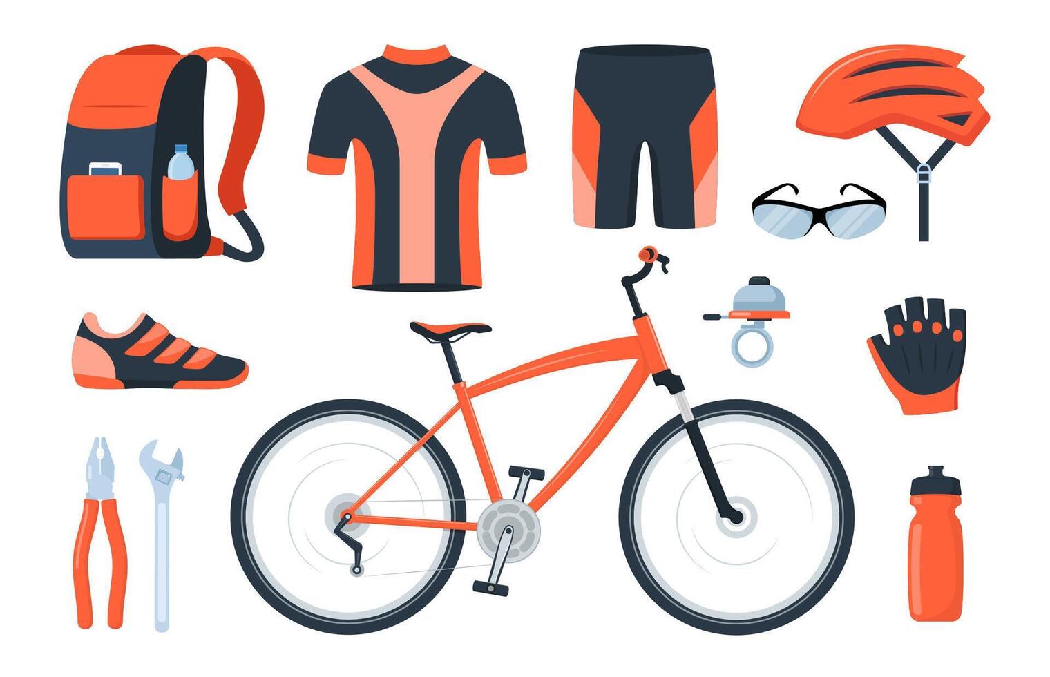 vélo ensemble. bicyclette équipement. cycliste engrenage, tenue de sport pour motard, Piste accessoires pour extrême sport formation isolé sur blanche. vecteur