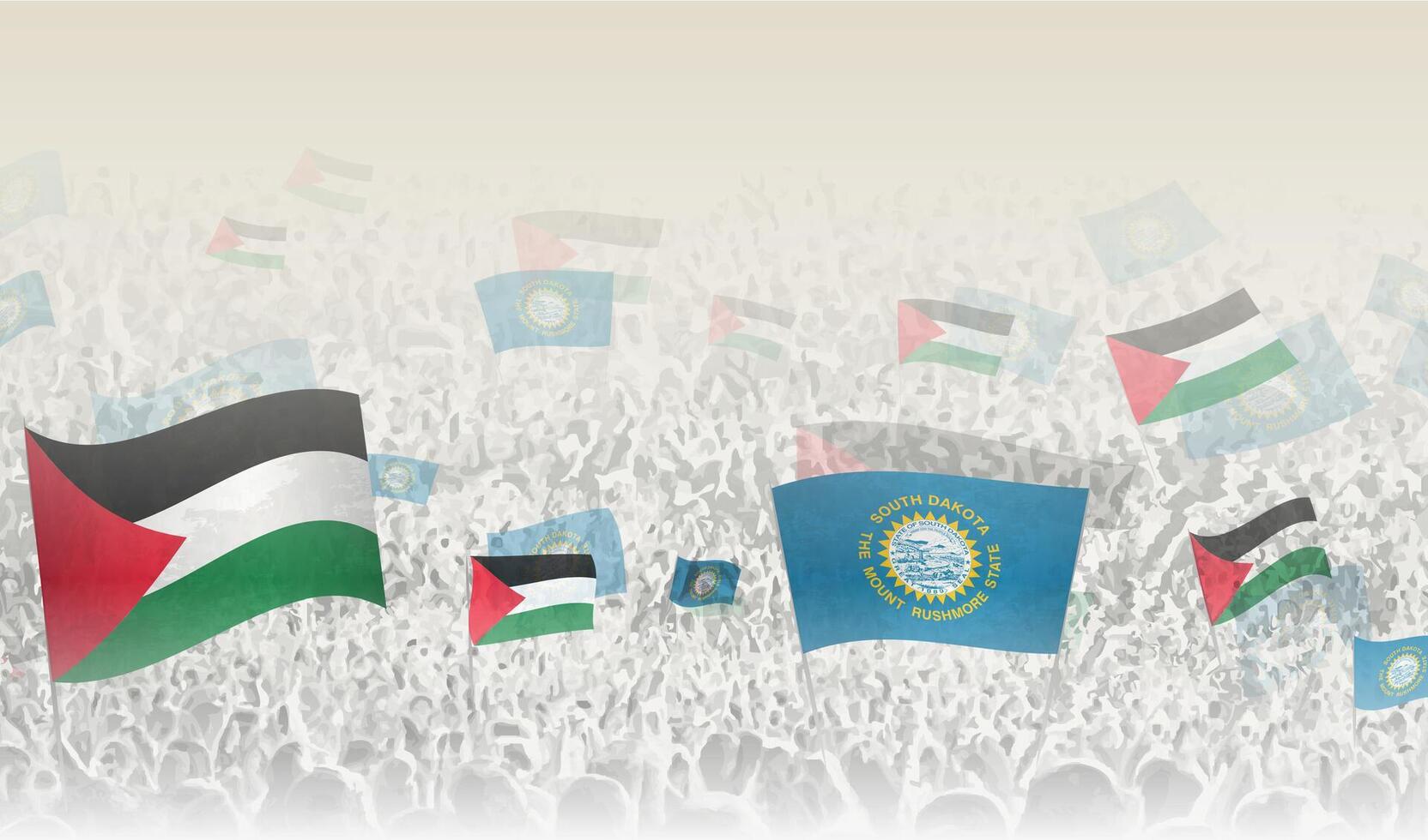 Palestine et Sud Dakota drapeaux dans une foule de applaudissement personnes. vecteur