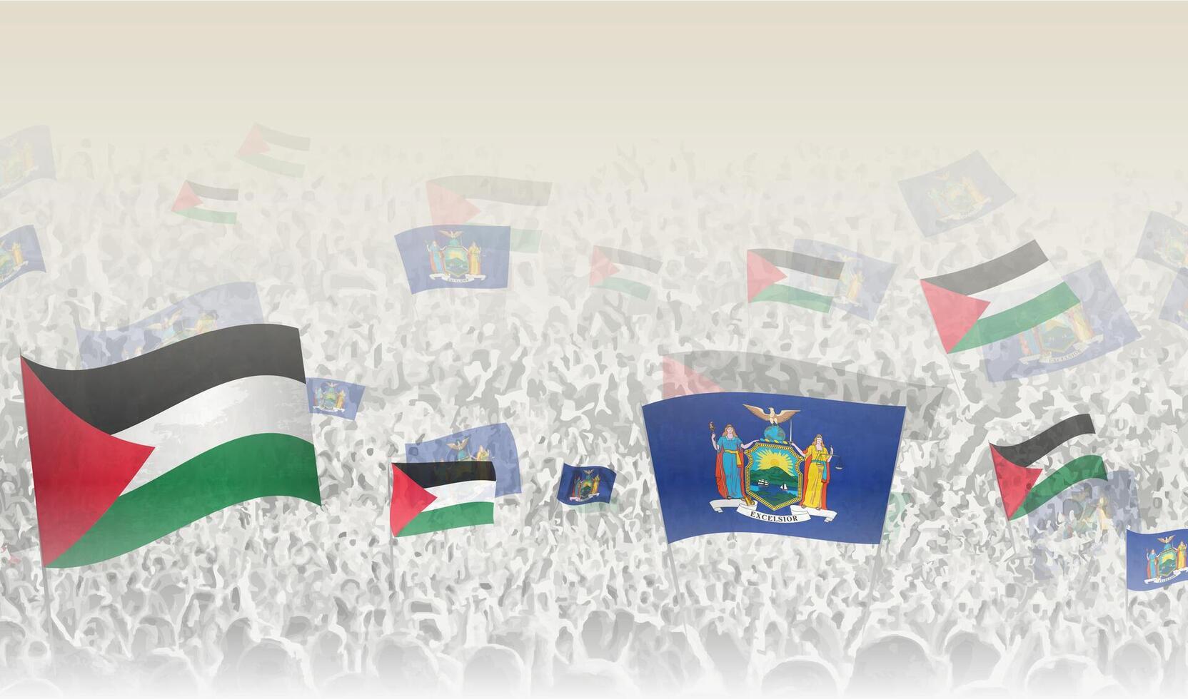 Palestine et Nouveau york drapeaux dans une foule de applaudissement personnes. vecteur