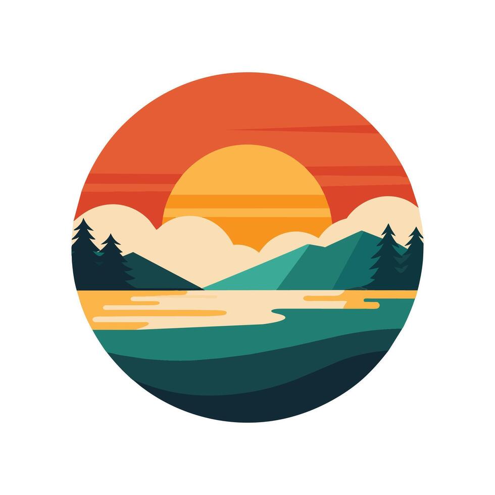 le Soleil est réglage derrière montagnes, moulage une chaud lueur sur le tranquille Lac dessous, une paisible le coucher du soleil plus de une tranquille lac, minimaliste Facile moderne logo conception vecteur