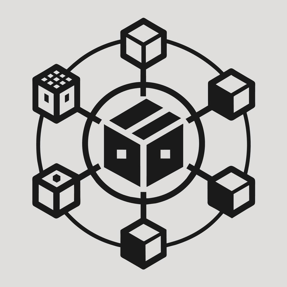 noir et blanc cube entouré par plus petit cubes, mettant en valeur une géométrique modèle, une monochromatique logo symbolisant le interdépendance de la fourniture Chaînes vecteur