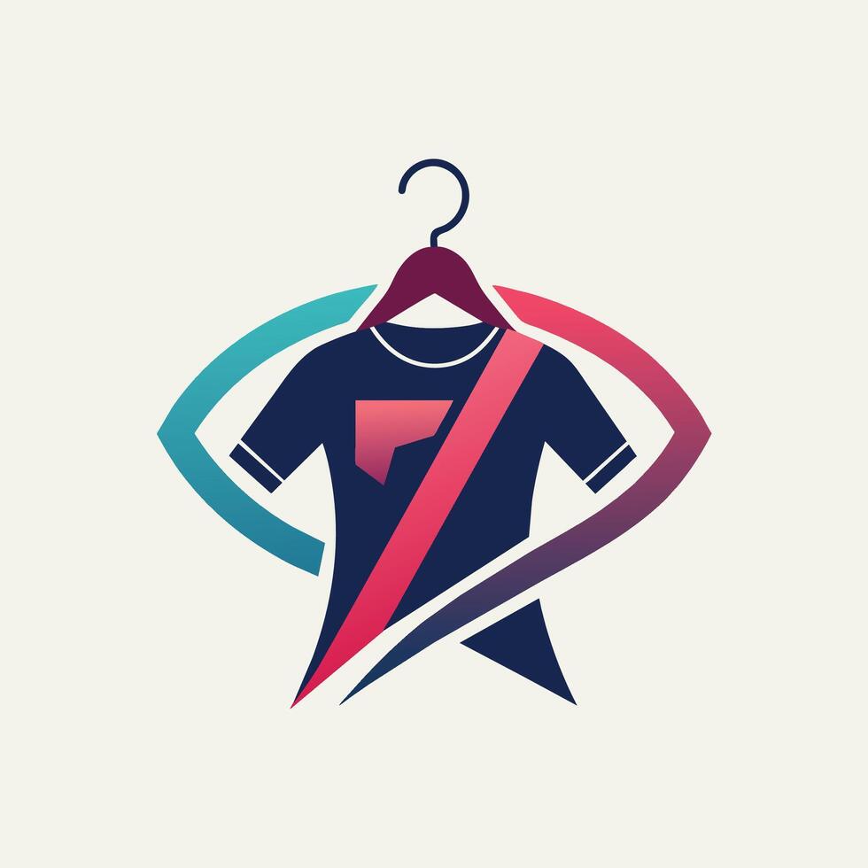 une Célibataire T-shirt pendaison soigneusement sur une vêtements cintre contre une plaine arrière-plan, créer une lisse et moderne logo pour une boutique Vêtements boutique vecteur