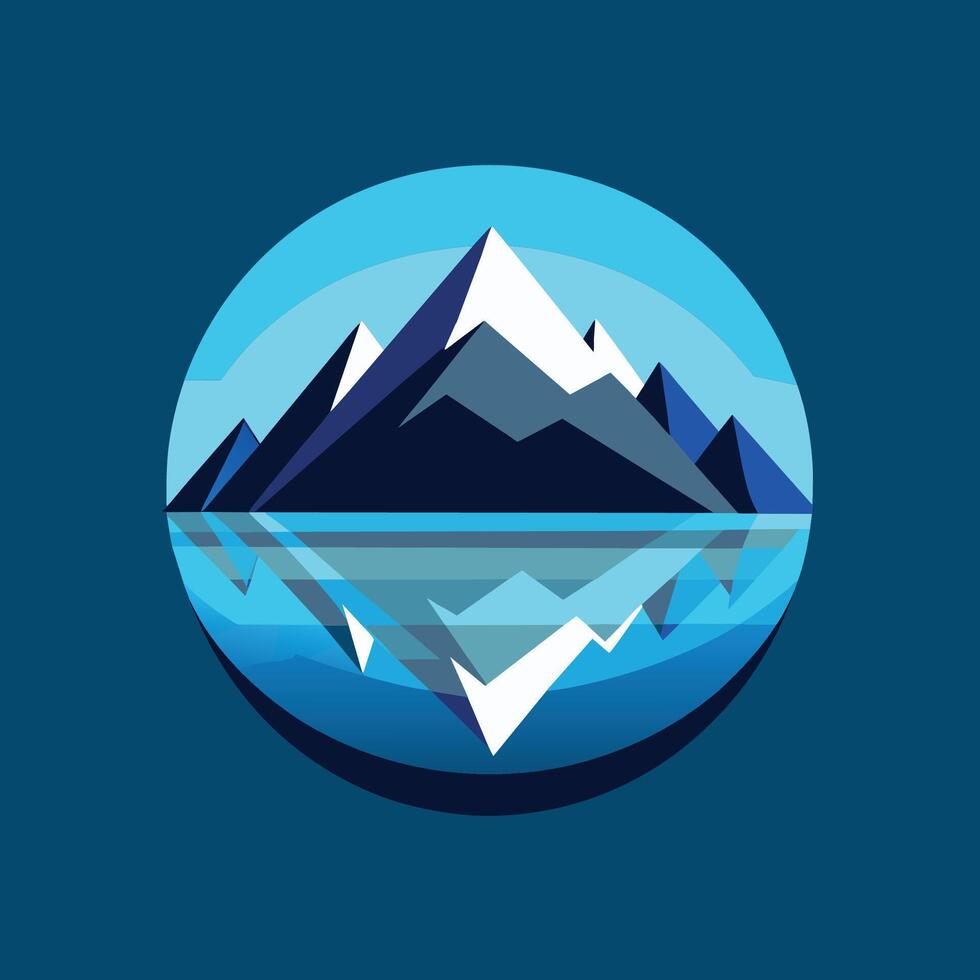bleu cercle avec une Montagne dans le centre, reflétant dans clair eau, une tranquille scène de une Montagne réfléchi dans une clair bleu Lac vecteur