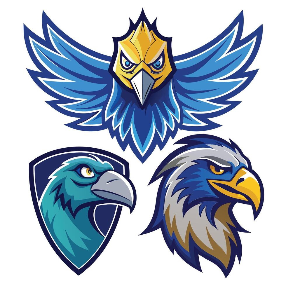 une groupe de Trois aigles, chaque avec une distinct couleur, en volant ensemble, illustré bleu faucon, aigle, faucon logos vecteur