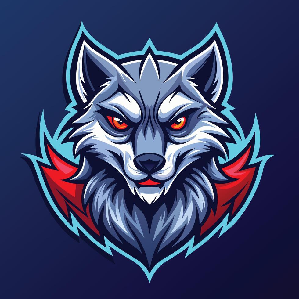 une les loups tête avec rouge yeux des stands en dehors contre une vibrant bleu arrière-plan, loups mascotte esport logo personnage conception vecteur