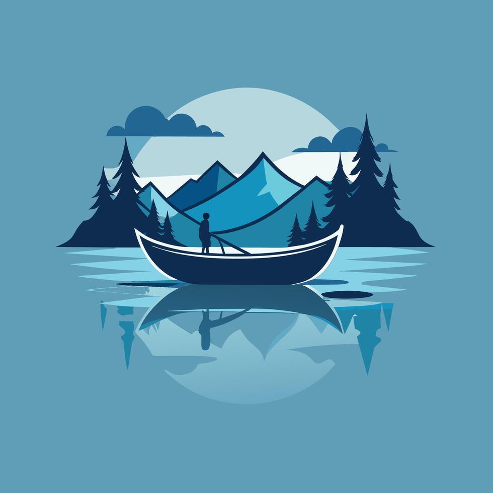 une homme permanent sur Haut de une bateau flottant sur le eau, une seul canoë dérive sur une vitreux lac, minimaliste Facile moderne logo conception vecteur