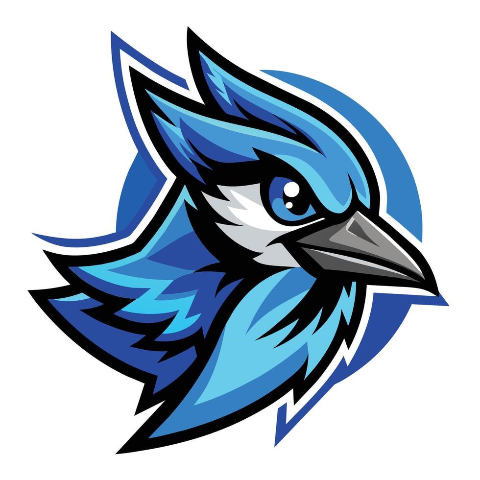 une bleu et blanc oiseau avec une noir le bec perché sur une bifurquer, bleu geai oiseau logo mascotte, dynamique vecteur